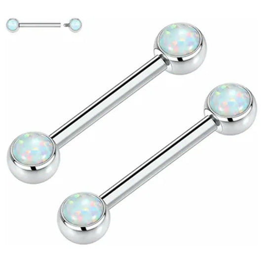 GAGABODY 14 Gauge Internally Threaded Nipple Barbell Nipple Rings for Women Nipple Barbells G23 Solid Titanium Silver Nipple Piercings 12mm Barbells White Opal Nipple Rings