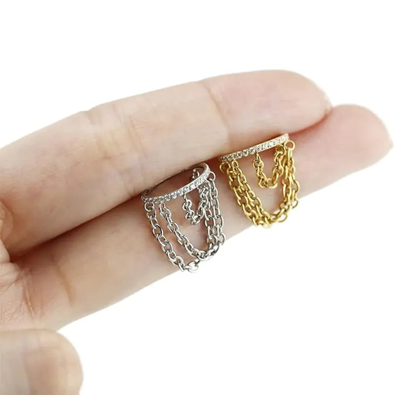 316L Golden White Zirconia Open Ring Triple Chain 1.2*8