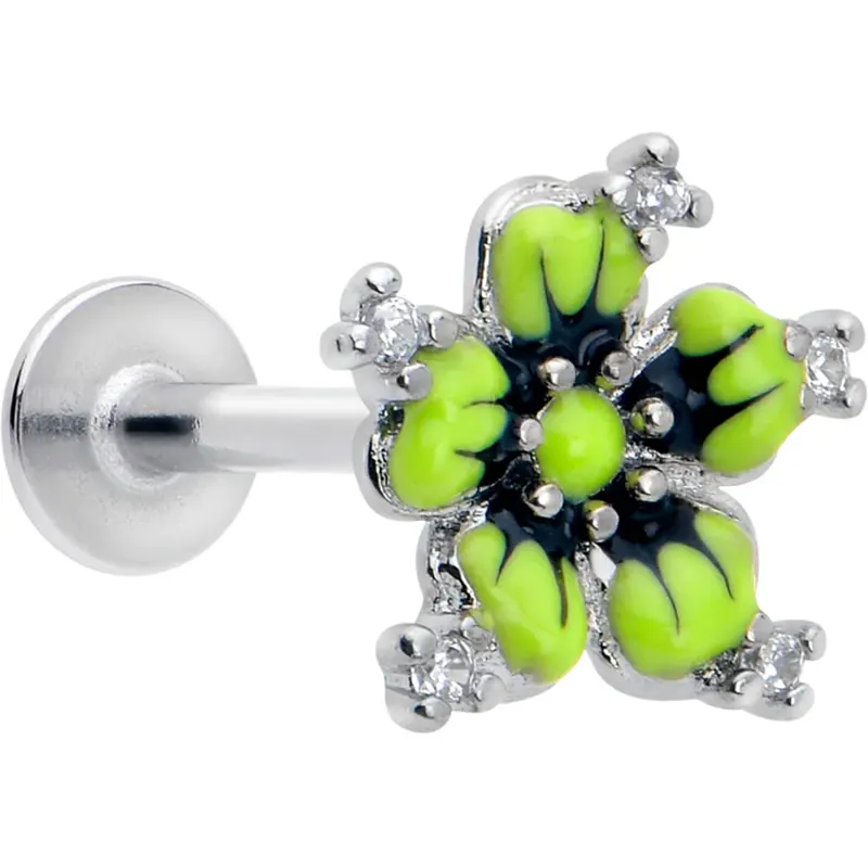 16G Clear CZ Gem Green Flower Flatback Earring