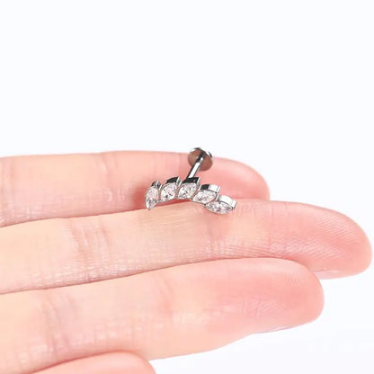 16G Titanium Silver Leaf CZ Internal Thread Lip Nail