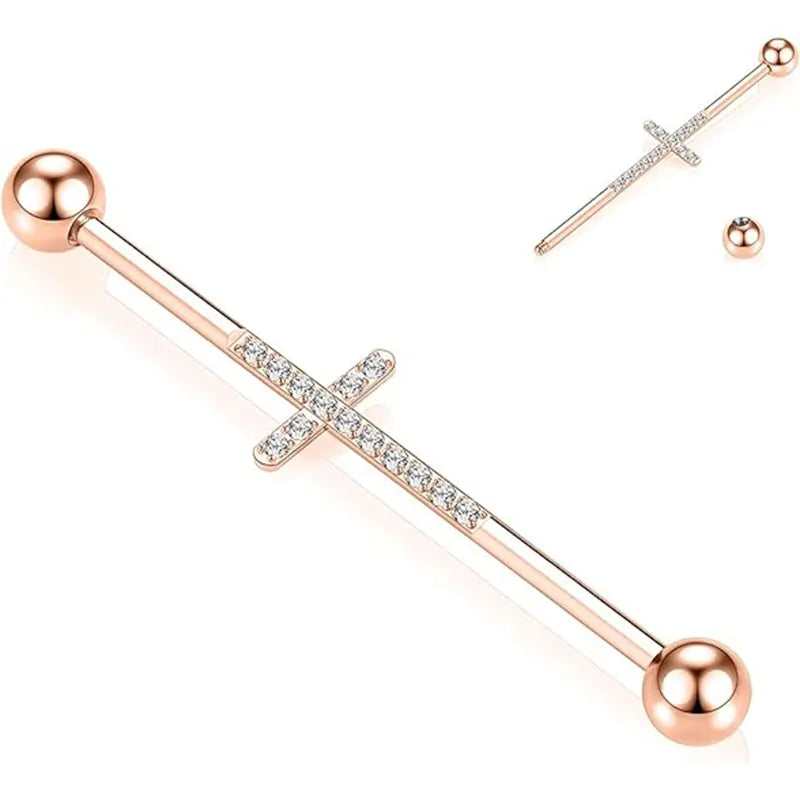 14G Surgical Steel Rose Gold with Cross CZ 1/2" Industrial Barbell