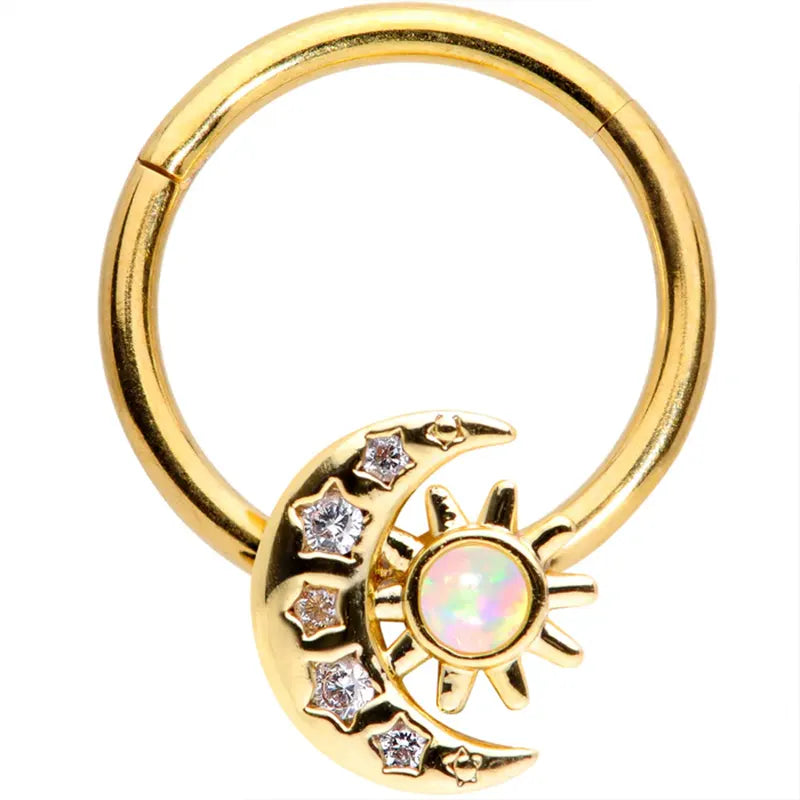 16G 3/8" White Synthetic Opal Gold-Tone Moon Hinged Segment Lip Ring