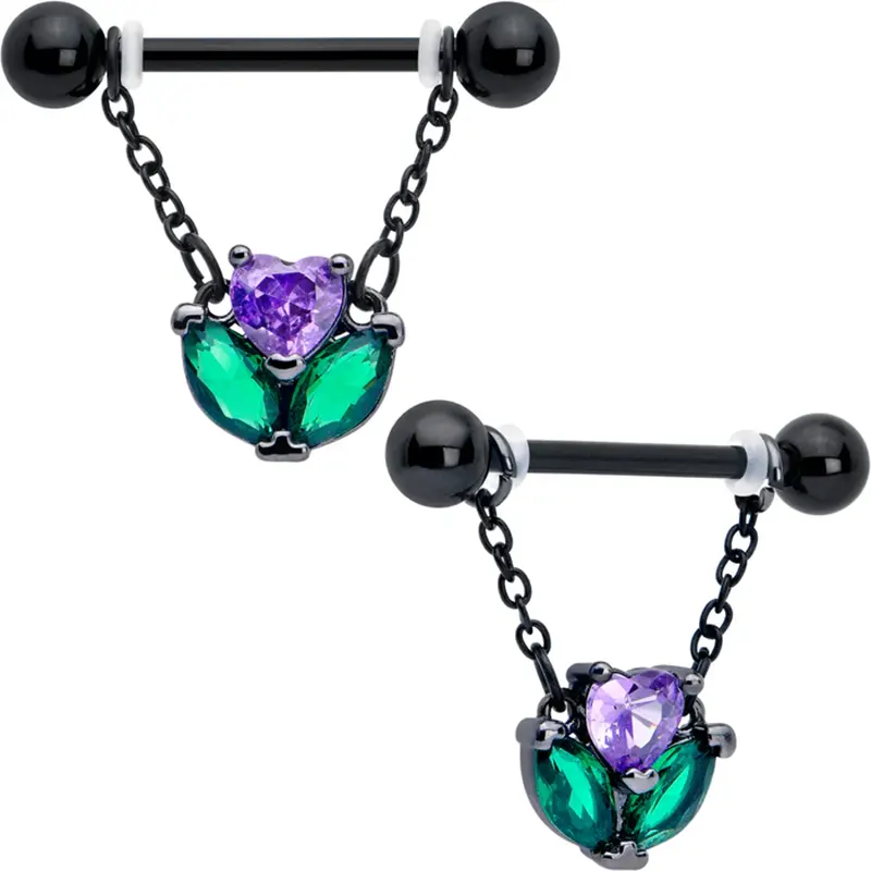 14G Purple CZ Gem Heart Flower Dangle Nipple Rings