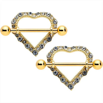 14G 9/16" Clear Gem Gold Heart Nipple Shields