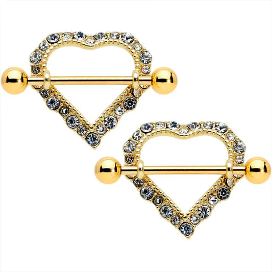 14G 9/16" Clear Gem Gold Heart Nipple Shields