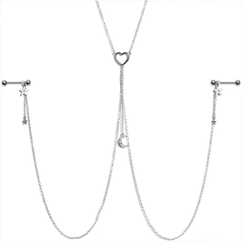 14G 5/8" Clear Gem Moon & Heart Star Nipple Chain