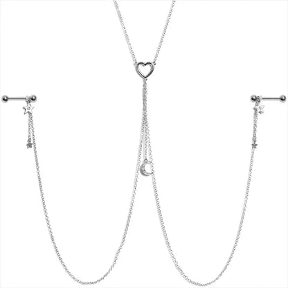 14G 5/8" Clear Gem Moon & Heart Star Nipple Chain