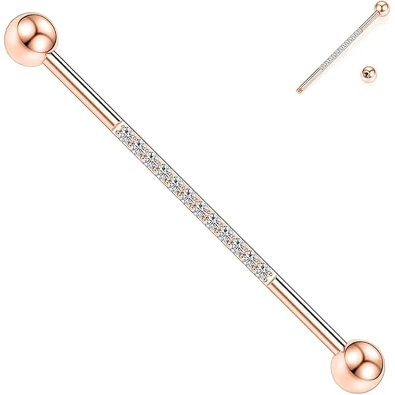 14G Surgical Steel with CZ Cartilage 1/2" Rose Gold Industrial Barbell