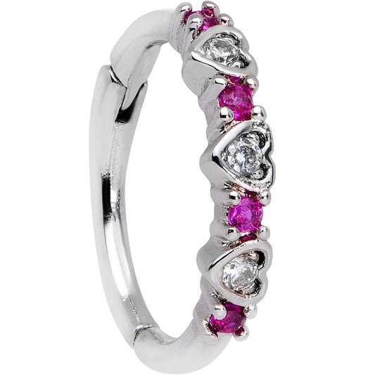 16G 3/8" Heartfelt Pink CZ Gem Hinged Segment Ring