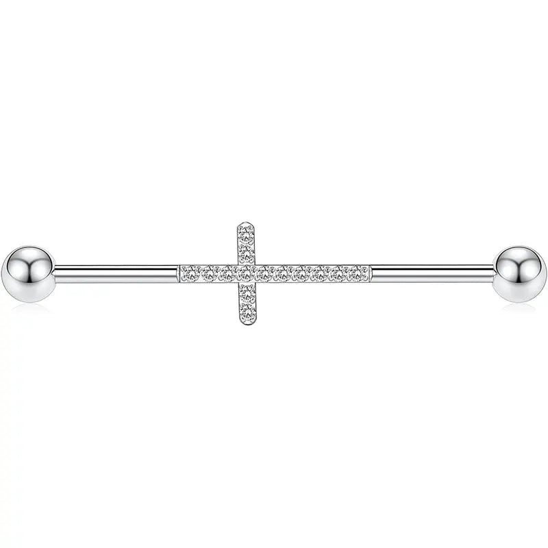 14G Surgical Steel Silver with Cross CZ 1/2" Industrial Barbell