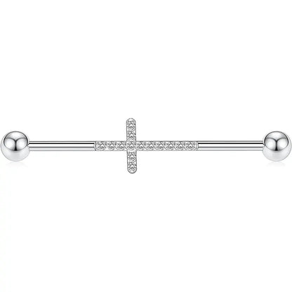 14G Surgical Steel Silver with Cross CZ 1/2" Industrial Barbell