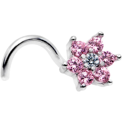 18G 1/4 Pink & Clear CZ Gem Flower Right Nose Screw