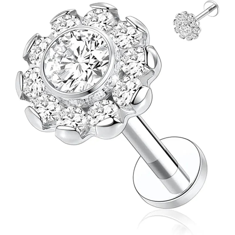 16G G23 Titanium Flower CZ Inlaid Internal Thread Lip Ring