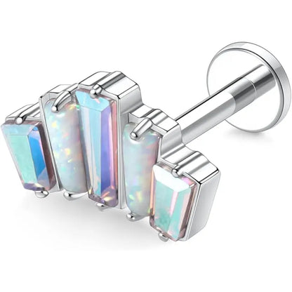 G23 Five Rectangular Zirconia Opal Silver Lip Nails 1.2*8