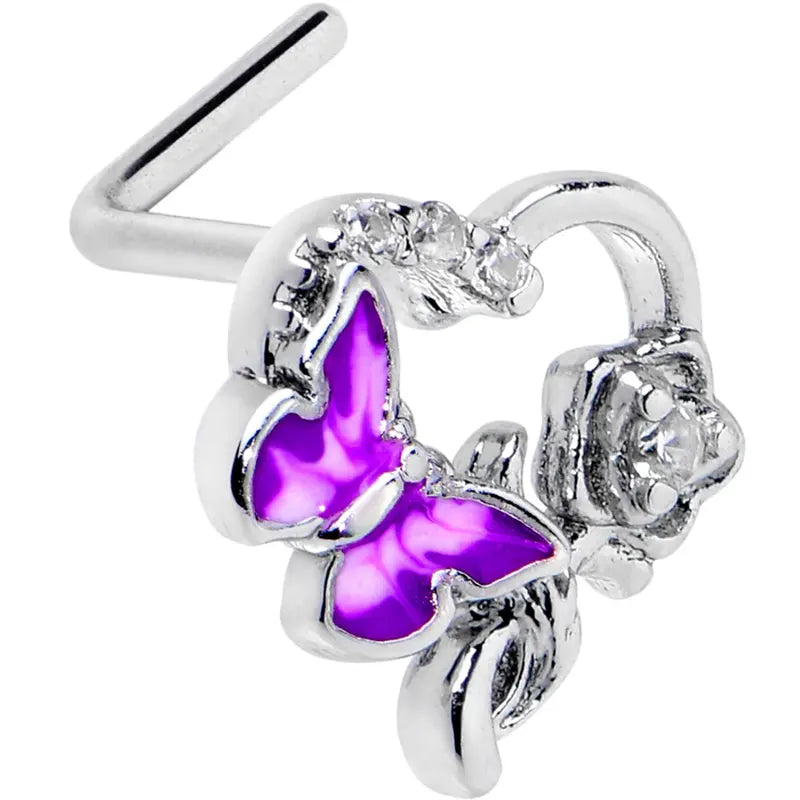 20G 7mm Clear CZ Butterfly & Rose Flower Purple L-Shaped Nose Stud