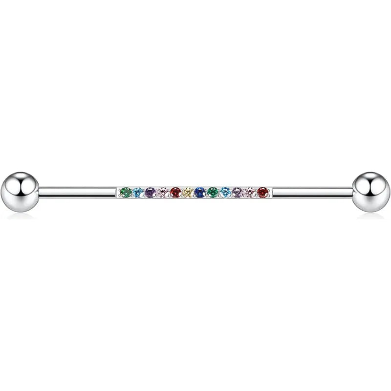 14G Surgical Steel 1/2" Silver Hybrid CZ Industrial Barbell