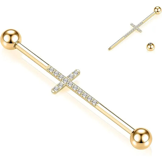 14G Surgical Steel 1/2" Gold Industrial Barbell with Cross CZ