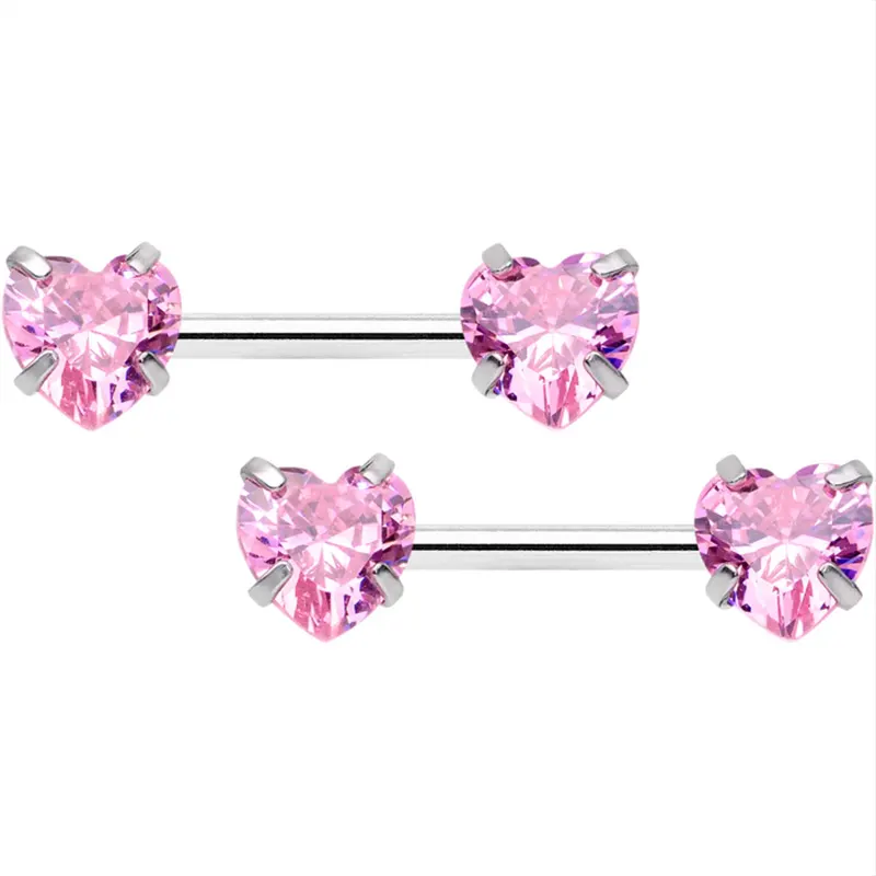 Heart-Cut Pink CZ Gem Threadless Nipple Ring Set