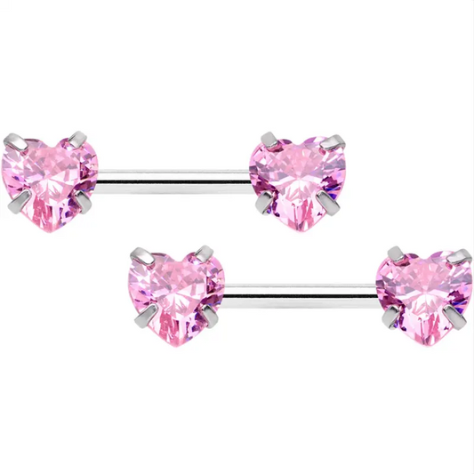 Heart-Cut Pink CZ Gem Threadless Nipple Ring Set