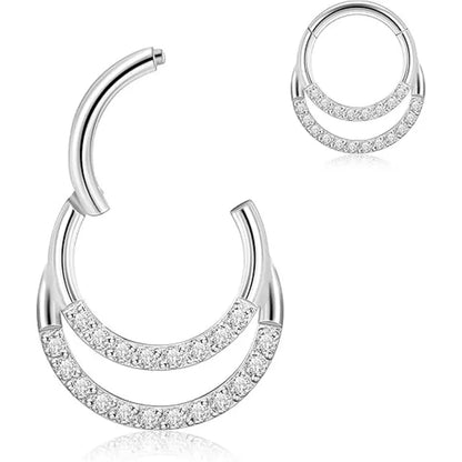 GAGABODY 16G Septum Jewelry Daith Piercing 316L Surgical Steel Hinged Nose Ring Seamless Hoop Earrings 10mm Body Jewelry for Women Conch Clicker Double Clear CZ Silver