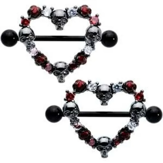 14G 7/8" Red CZ Gem Black Skull Heart Nipple Shield Set