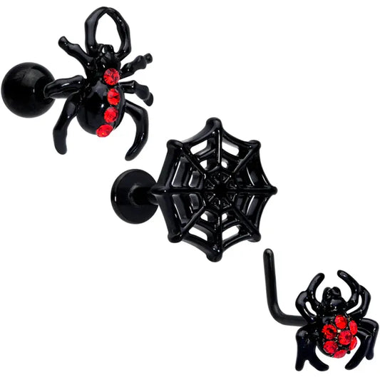 16G & 20G Red Spider Halloween Cartilage Labret Nose Ring Set