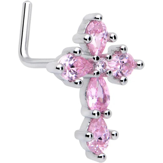 20G 7mm Pink CZ Cross Charm Stainless Steel L-Shaped Nose Stud