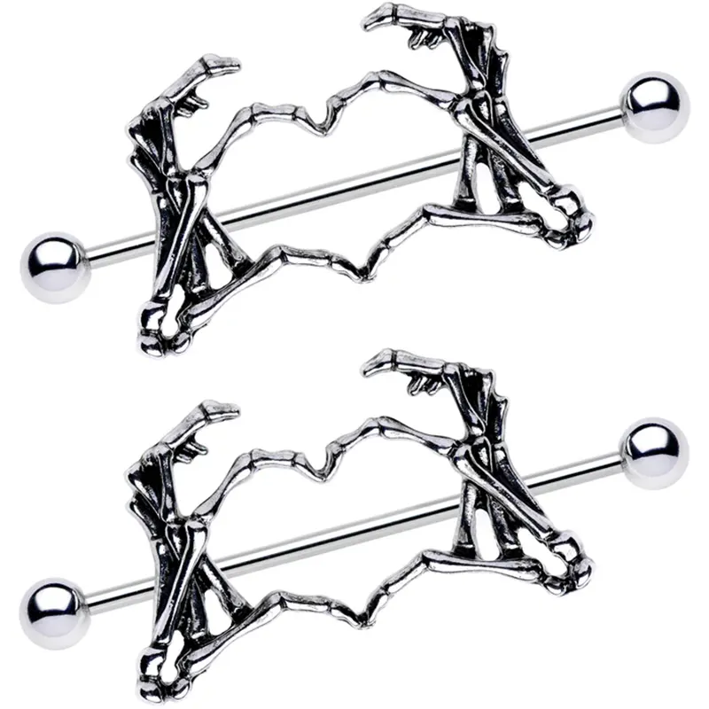 Skeleton Hand Heart Nipple Barbell Shield Set