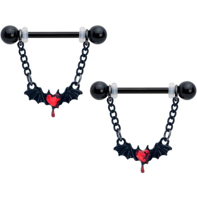 14G 9/16" Red Gem Black Bleeding Heart Bat Dangle Nipple Rings