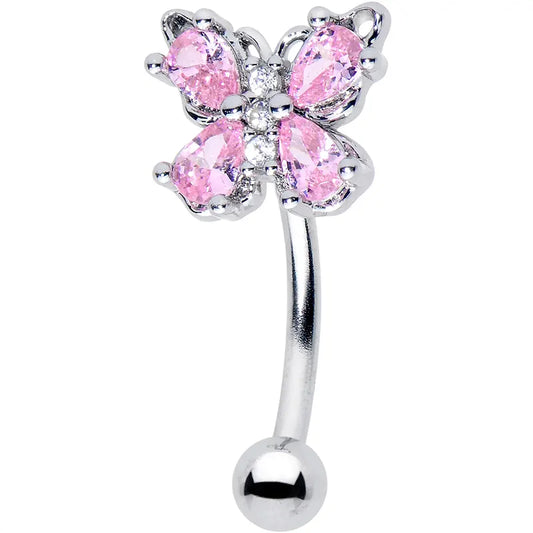 16G 5/16 Pink Gem Elegance Butterfly Curved Eyebrow Ring