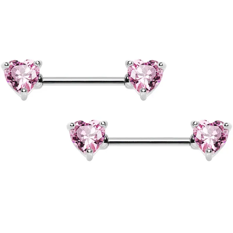 Radiant Pink Heart CZ Nipple Barbell Set