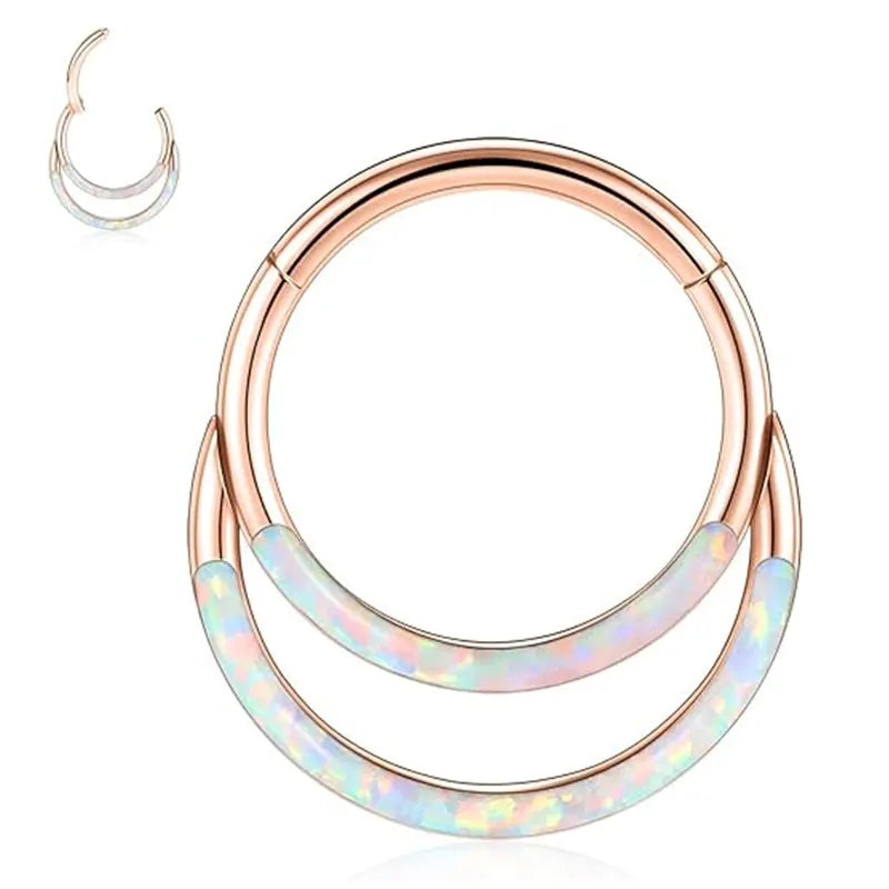 GAGABODY Septum Ring 7mm Rose Gold Daith Earrings Conch Piercing Jewelry 316L Surgical Steel Nose Rings Double White Opal 16G Clicker Hoop