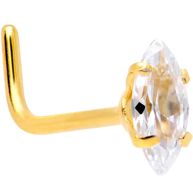 20G 1/4 Clear CZ Gem Gold Stainless Steel Ellipse L-Shaped Nose Stud