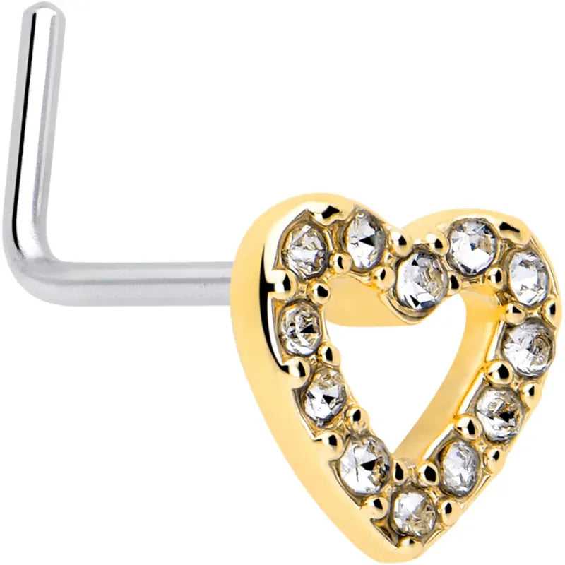 20G 7mm Clear Gem Hollow Heart Paved Stainless Steel L-Shaped Nose Stud