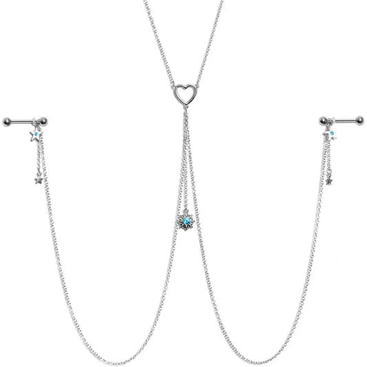 14G 5/8" Blue Gem Sun & Heart Star Nipple Chain