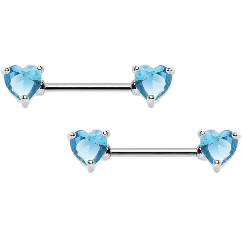 Sparkling Aqua Heart CZ Nipple Barbell Set