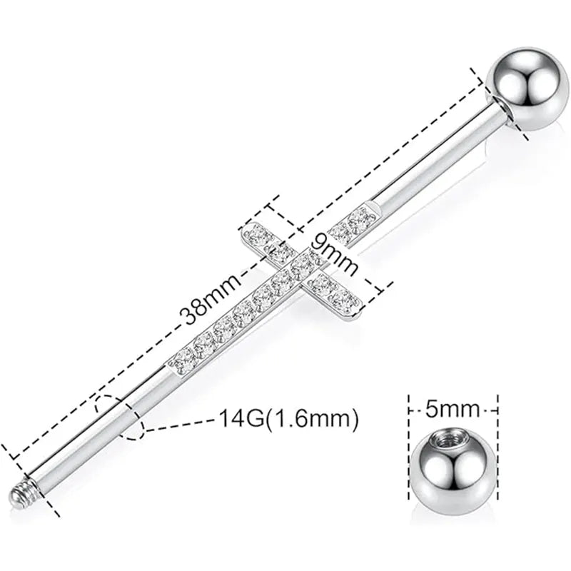 14G Surgical Steel Silver with Cross CZ 1/2" Industrial Barbell