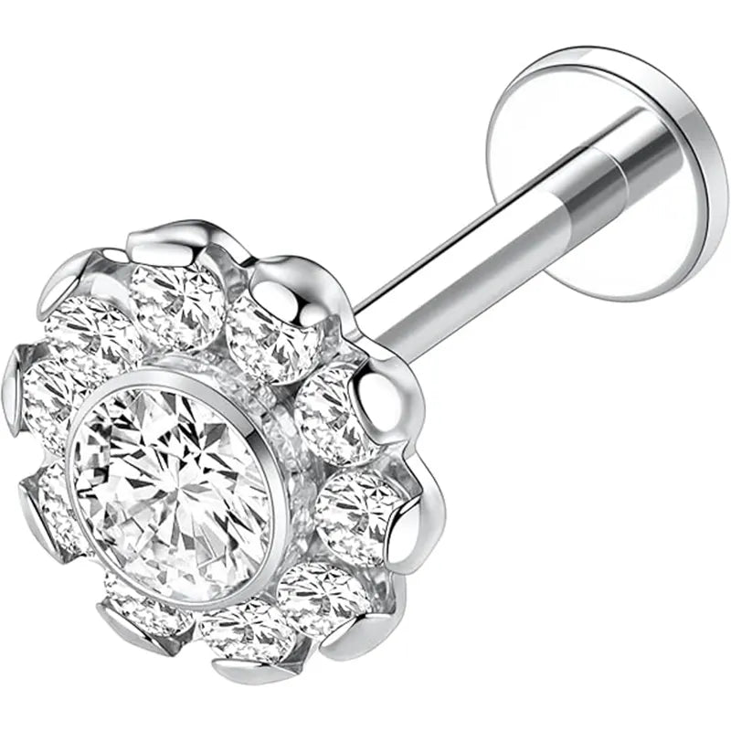 16G G23 Titanium Flower CZ Inlaid Internal Thread Lip Ring