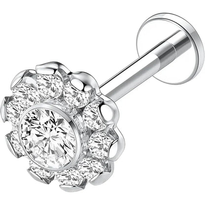 16G G23 Titanium Flower CZ Inlaid Internal Thread Lip Ring