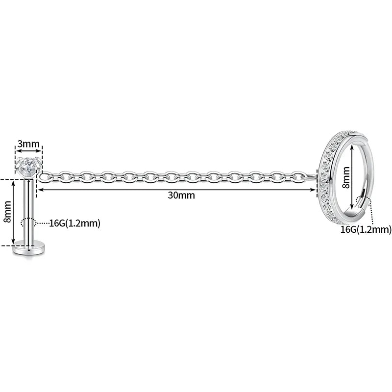 316L Chain Cartilage Nail 1.2*8*3 Silver White Zircon