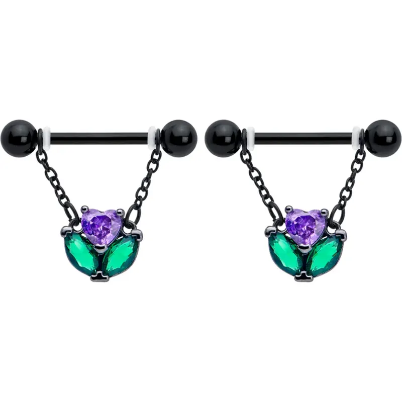 14G Purple CZ Gem Heart Flower Dangle Nipple Rings