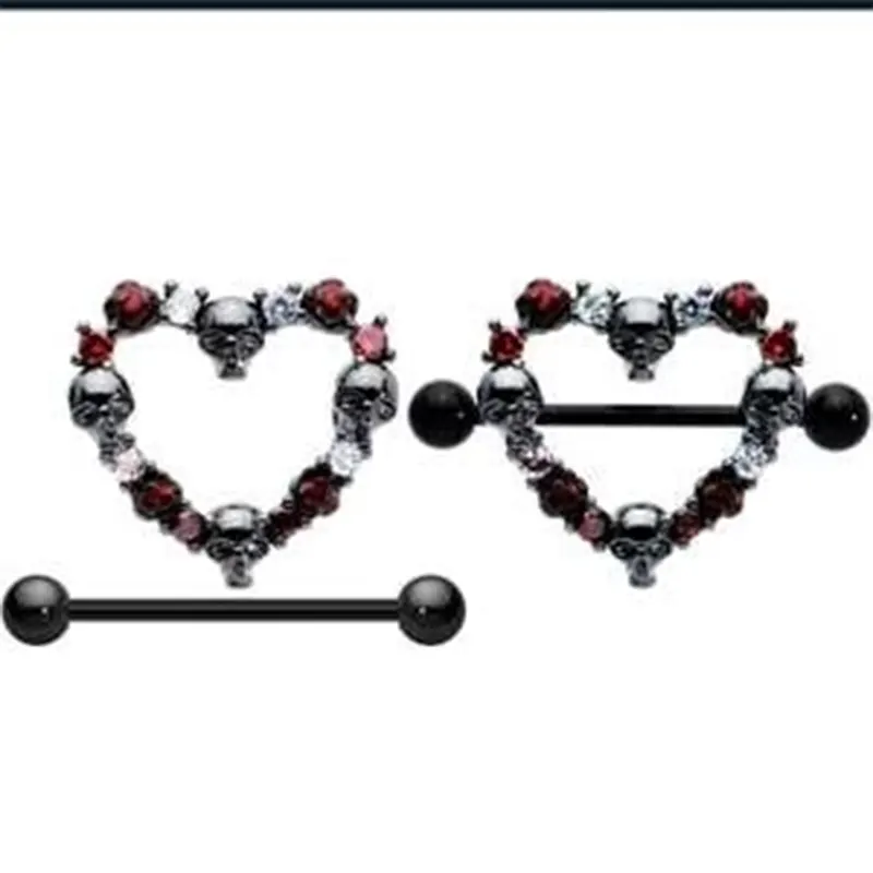 14G 7/8" Red CZ Gem Black Skull Heart Nipple Shield Set