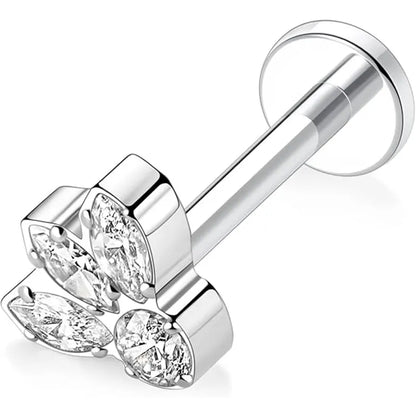 16G Titanium Silver Bee Shape CZ Internal Thread Lip Studs