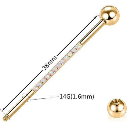 14G Surgical Steel 1/2" Gold Industrial Barbell with White Opal