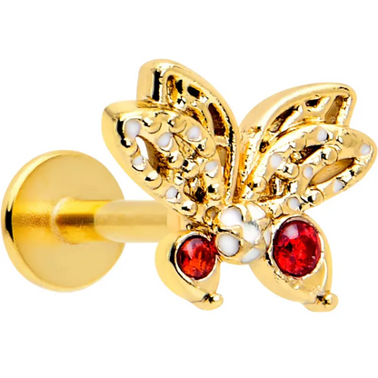 16G Red CZ Gem Gold Tone Butterfly Flatback Earring