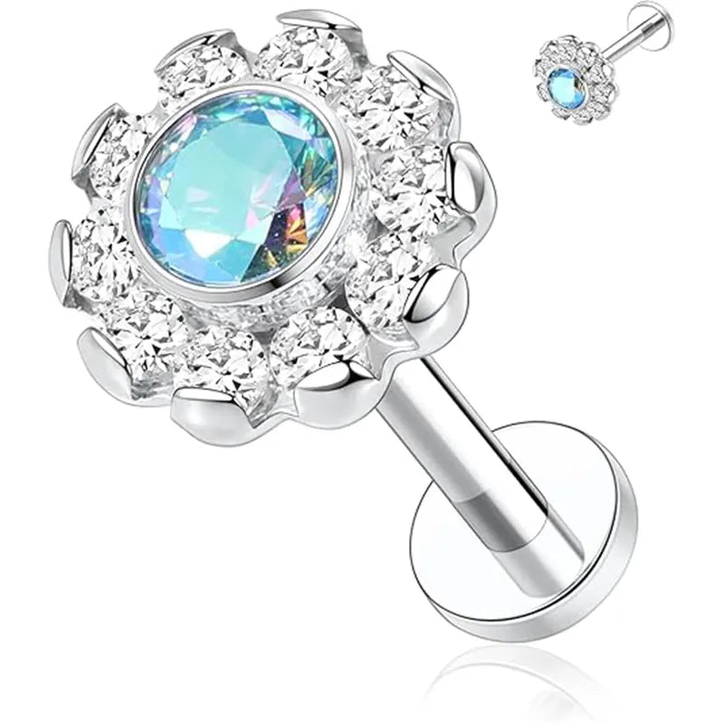 16G Titanium Flower CZ and Blue Internal Thread Lip Studs