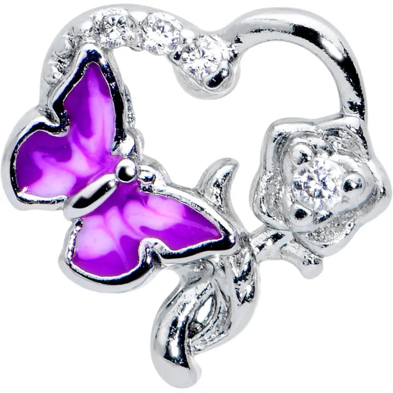 20G 7mm Clear CZ Butterfly & Rose Flower Purple L-Shaped Nose Stud