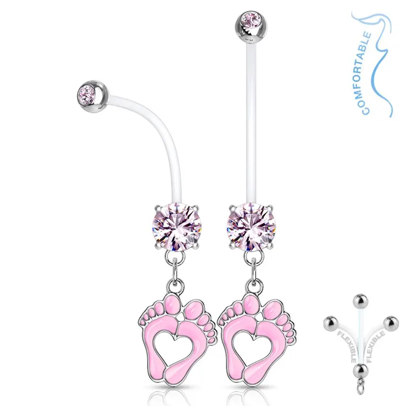 Belly Bar with Crystal and Dangling Baby Feet