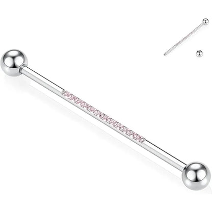 14G 1/2" Silver Surgical Steel with Pink CZ Industrial Barbell