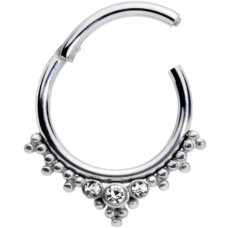 16G 3/8" Clear CZ Gem Triad Hinged Segment Lip Ring